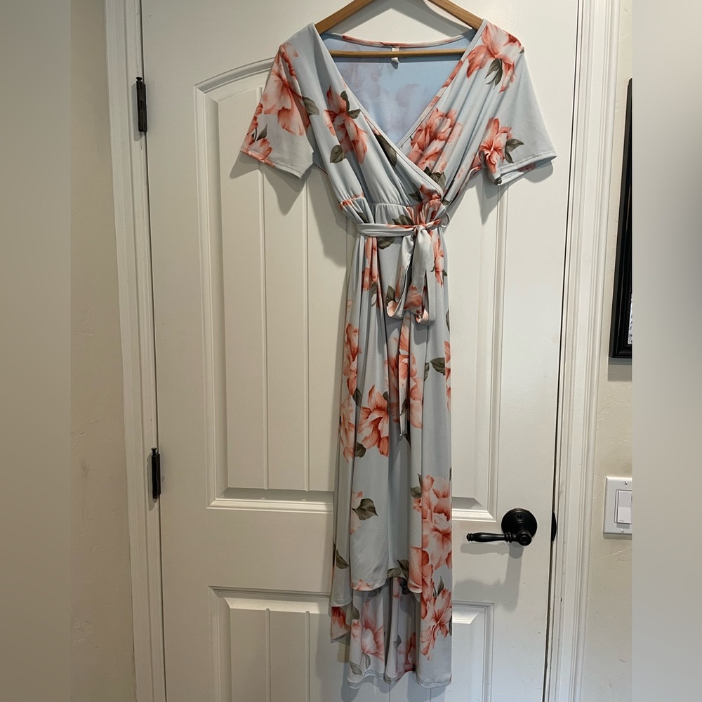 PinkBlush Light Blue Floral Hi-Low Maternity Postpartum Nursing Wrap Dress